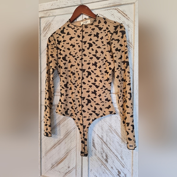 allegedly Tops - Tan and Black Sheer Patterned Bodysuit